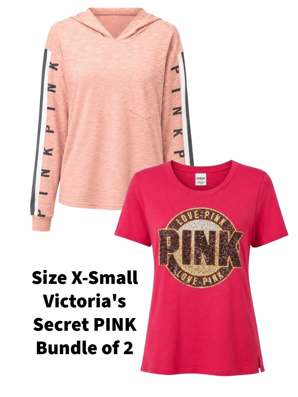 PINK Victoria’s Secret XS Bundle: Sequin Tee & Long Sleeve Pullover Hoodie
